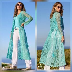 BOSTON PROPER MESH CROCHET MIX DUSTER, SIZE. S ,NWT